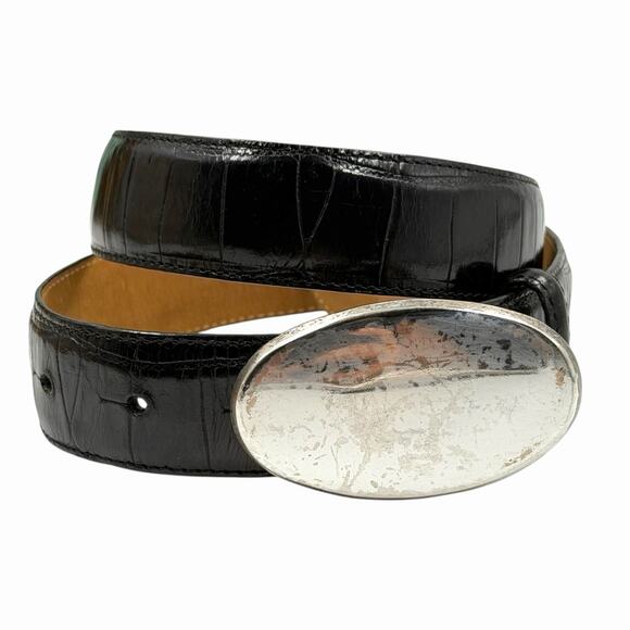 VTG BRIGHTON LEATHER BELT WESTERN BOHO CLASSIC BLACK SILVER SZ M *WORN BUCKLE - Picture 1 of 5